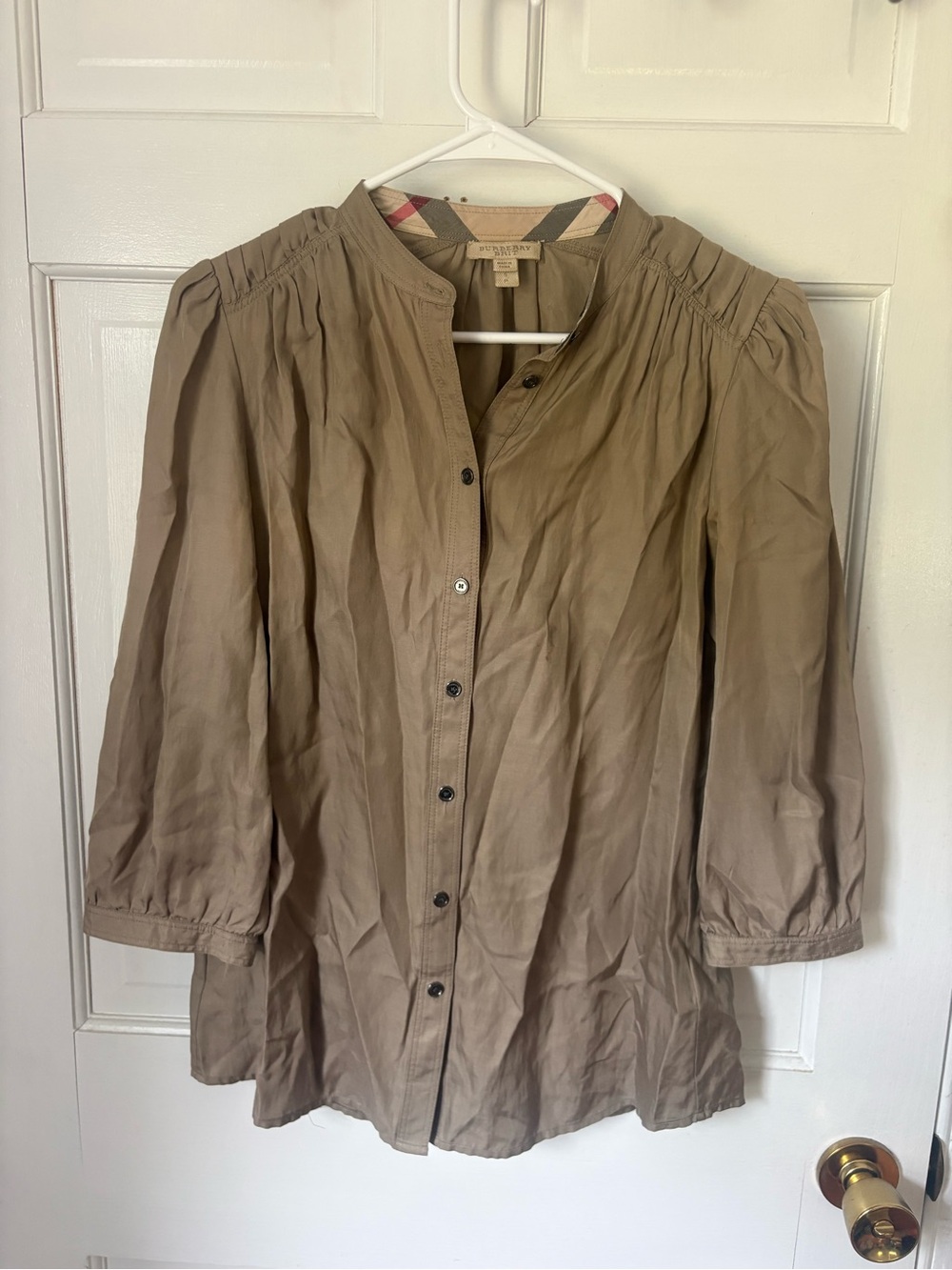 Burberry Brit Button Front Peasant Blouse Taupe Khaki Tan, Size Small (S) Nova